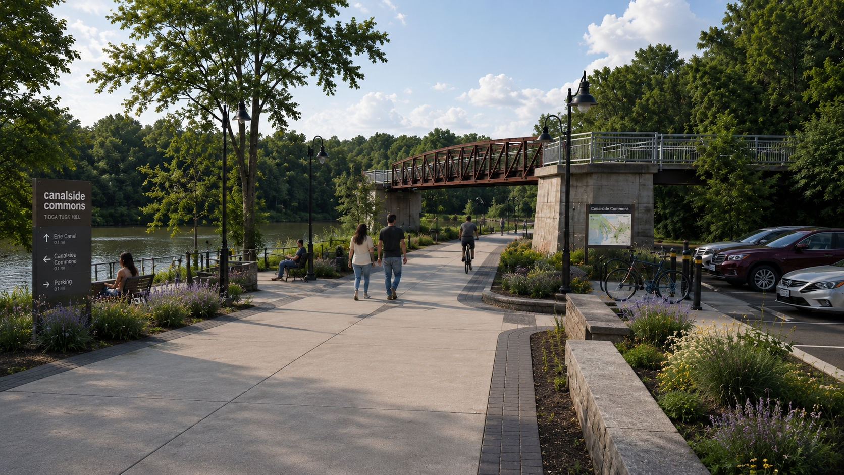 Conceptual rendering of a wharf-style waterfront destination at Canalside Commons