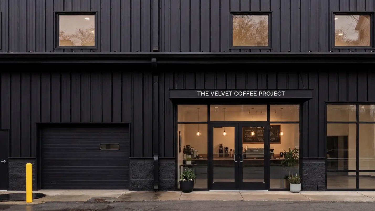 The Velvet Coffee Project storefront in the completed black standing seam facade